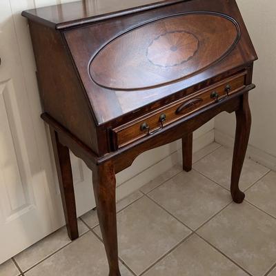 Vintage Wooden Drop Front Secretary Desk W/ Inlaid Wood Details