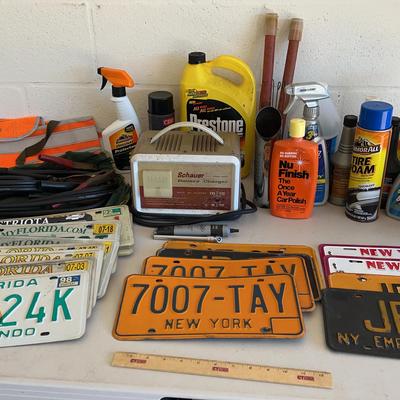 Automotive Lot - Battery Charger, Cleaning Supplies, Vintage License Plates 