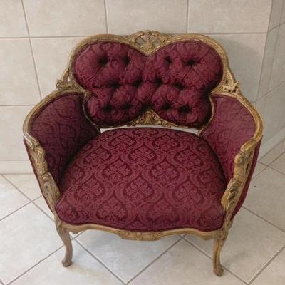 Baroque Wood Frame W/ Burgundy Fabric Chair 34x23x32