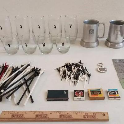 Vintage 1980s Playboy Items - Glasses, Stirrers, Matchboxes, Keychain, Cards