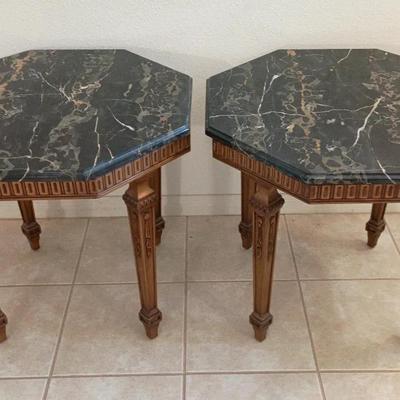 Vintage Pair Of Marble Top Wood Tables 26x26x25 Each