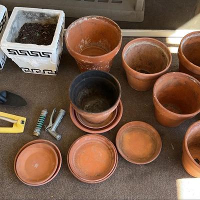 Garden Lot - Terracotta Pots, Concrete Greek Key Pots, Sprinkler