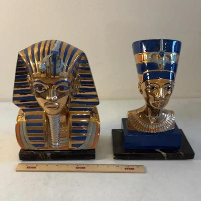 12” Tall King Tut & Nefertiti Ceramic Busts On Added Marble Bases