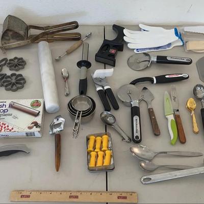 Utensil Lot - Kitchen Aide Pizza Cutters, Rosette Iron Mold, Marble Rolling Pin