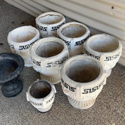 Greek Key Grape Concrete Planters + Black Concrete Planter 10inch Tall