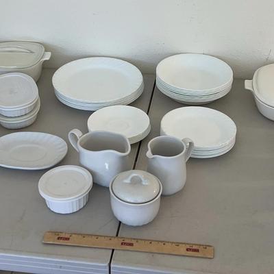 Corningware & Corelle Lot - Winter Frost White Plate Set, Blue Cornflower Casserole, Sugar & Creamer