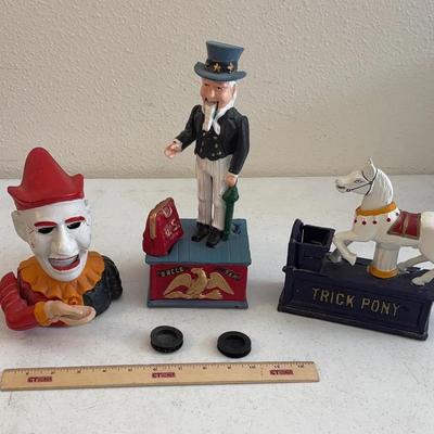 3 Repro Cast Iron Banks- Clown, Uncle Sam, Trick Pony