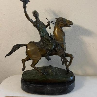 Arab Falconer On Horseback Bronze Mini Statue on Marble
