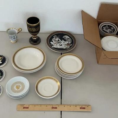Greek China - Greek Ceramic Coasters, Gold Inlay Chalice, Demitasse Cup Set 