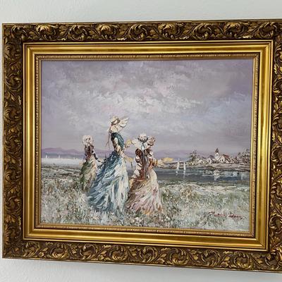 Marie Charlot Signed Impressionist style Oil Painting - Ladies At The Beach 