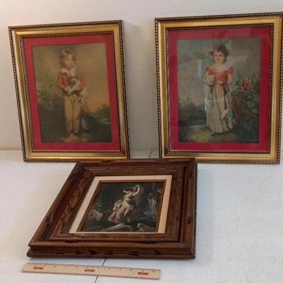 Lot Of 3 - Children Vintage Prints Pair, Woman At Waterfall Original On Board
