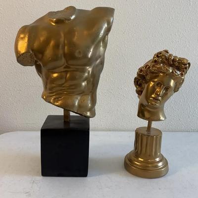 Two Greek inspired sculptures, A Golden Male torso and Female bust