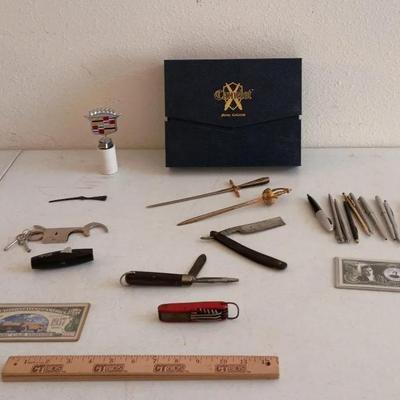 Men's Lot - Vintage Pens, Knives, Thumb Cuffs,Straight Razor, Cigar Lighter,