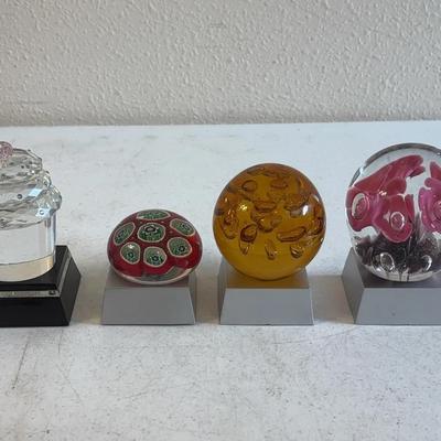4 Paperweights-Millifiore Murano, Amber Murano, Simon Designs, St. Clair