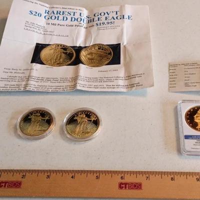 (3) 24k Gold Clad Coins - 1933 Double Eagles, 1849 Liberty Head