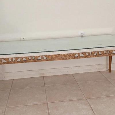 Vintage French Provincial Marble Top Wood Table W/ Glass Top