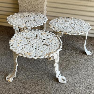 3 Vintage White Cast Iron Grape Leaf Garden Side Tables 