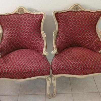 French Revival Wood Chairs W/Burgundy Fabric, 27x26x38 Each