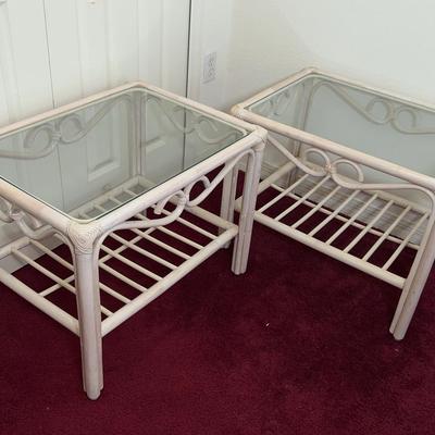 Two Vintage White Glass Top Bamboo Rattan End Tables 