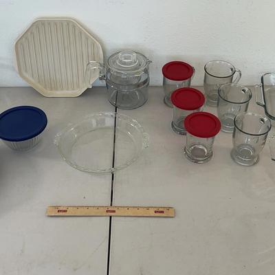 Pyrex Lot - Glass Mugs, Casserole Dishes, Pie Pan 
