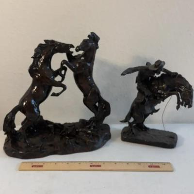Challenging Stallions & Bronco Buster Resin Statues Minor Damage