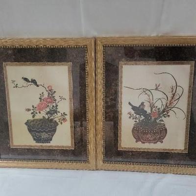 Pair of framed traditional Chinese Flower-and-bird" Prints