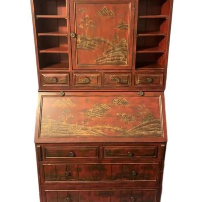 Red Lacquer Chinoiserie Secretary Desk Hutch *Heavy*