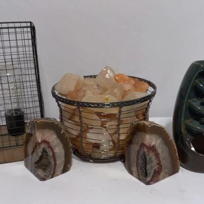 Ceramic backflow incense burner, basket with natural, amber-colored Himalayan salt rocks & More