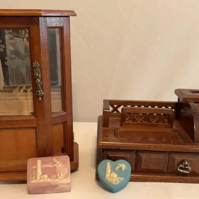 Vintage men's wood valet Roll Top & jewelry box w/ necklace carousel & etched glass door