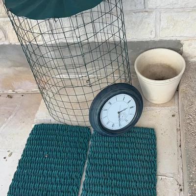 Outdoor Decor Galore - Clock, Ceramic Planter, Hanging Large Plant Cage & 2 Rugs 