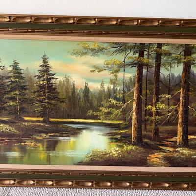 Artist Cantrell vintage oil painting of a woodland landscape with a lake