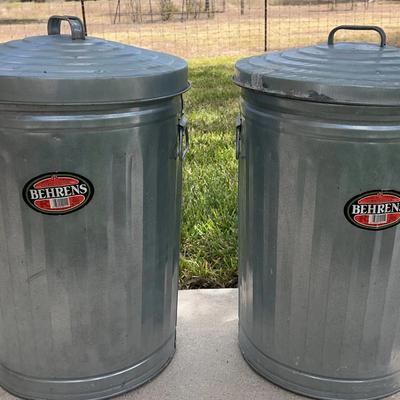 Pair Of Behrens 20 Gallon Galvanized Garbage Cans With Lids