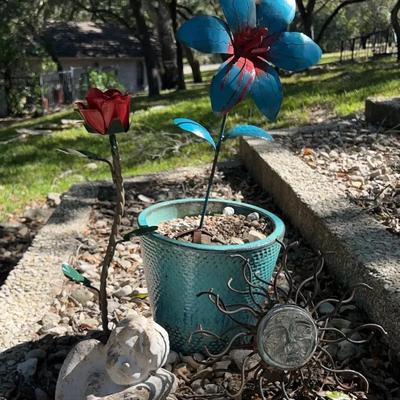 Yard Art Including Metal Flowers, Sun And Angel