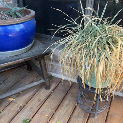 Blue Glazed Cersmic Planter With Plant, Wooden Table, Seamfoam Green Planter With Plant & Stand