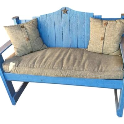 Barnwood Bench Painted Blue With Cushion And Pillows