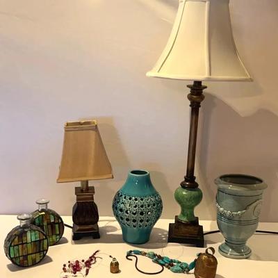Two Table Lamps, Vases, And Chimes