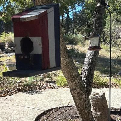 Hummingbird Feeder On Shepherd’s Hook And Texas Birdhouse 