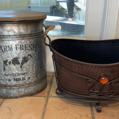 Farm Fresh Tin With Wood Lid And Decorative Metal Tub With Stand 