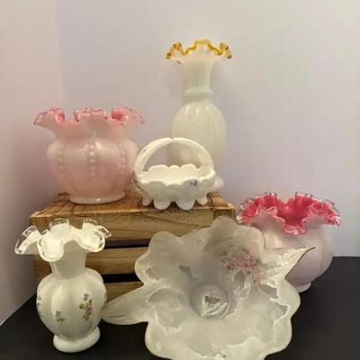 Mixed Lot Collectibles Milk Glass Vases Basket