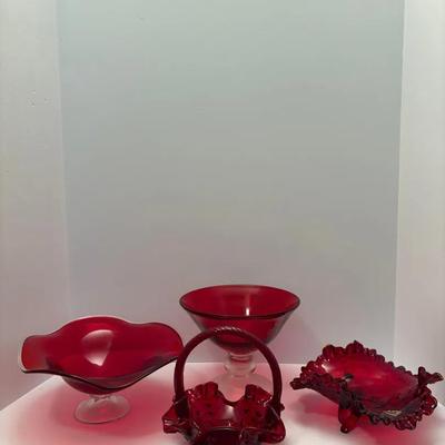4 Piece Lot Of Ruby Red Glass And Fenton