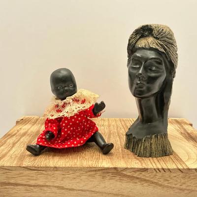 Vintage Doll & Hawaiian Bust Sculpture 