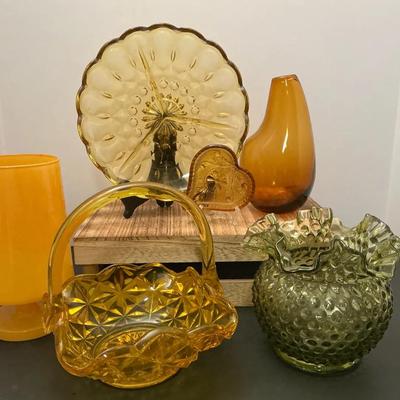 6 Piece Mixed Lot, Vintage Amber/ Green Glassware