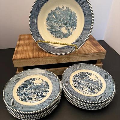 Currier And Ives Blue Royal China Bowl And Saucers