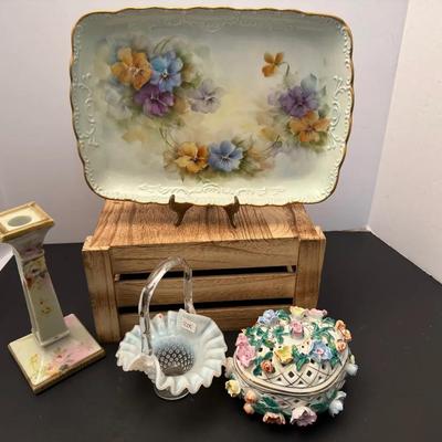 Mixed Lot Glass Basket, Trinket Box, Floral Tray And Candleholder