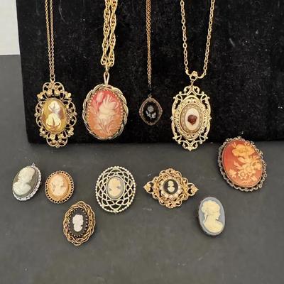 Mixed Lot Cameos Necklaces And Pins