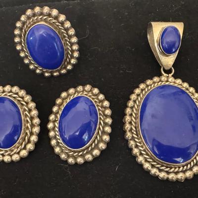  Vintage Mexico Sterling Silver Pennant Earrings Ring Set Lapis