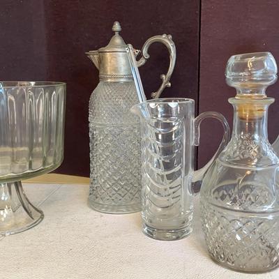 Crystal Decanters and Glass Serving Pedestal Bowl, 5 Pcs