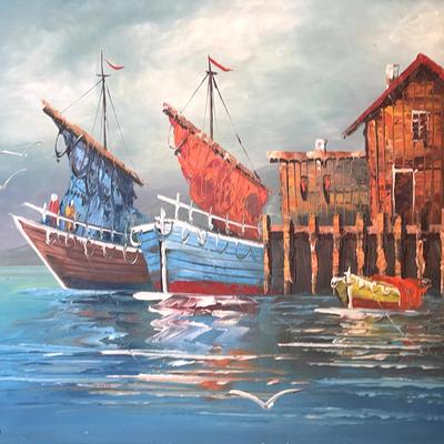 Original Harborscape Acrylic Painting, Signed and Framed