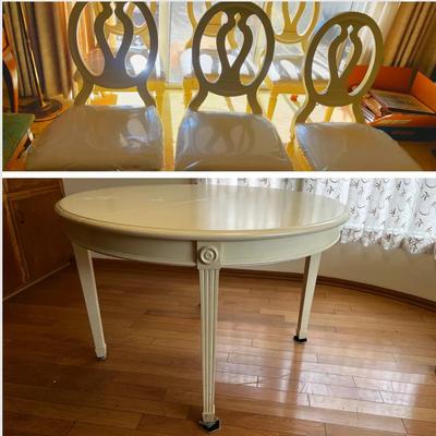 Gustavian-style MDF Round Dining Table with 6 Chairs and One Leaf