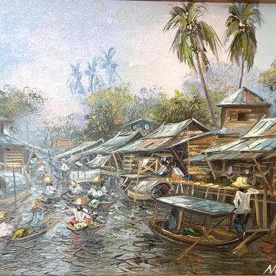 Nogsuan, River Fishing Village Scene Acrylic Painting, Signed and Framed